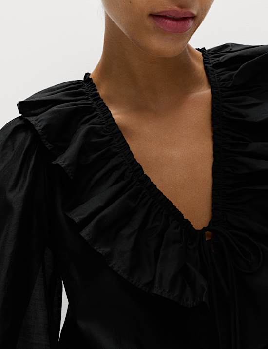 Lyocell Rich Frill Detail V-Neck Top