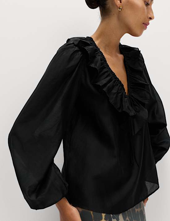 Lyocell Rich Frill Detail V-Neck Top