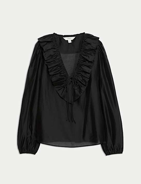 Lyocell Rich Frill Detail V-Neck Top