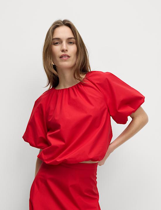 Pure Cotton Bubble Hem Puff Sleeve Top