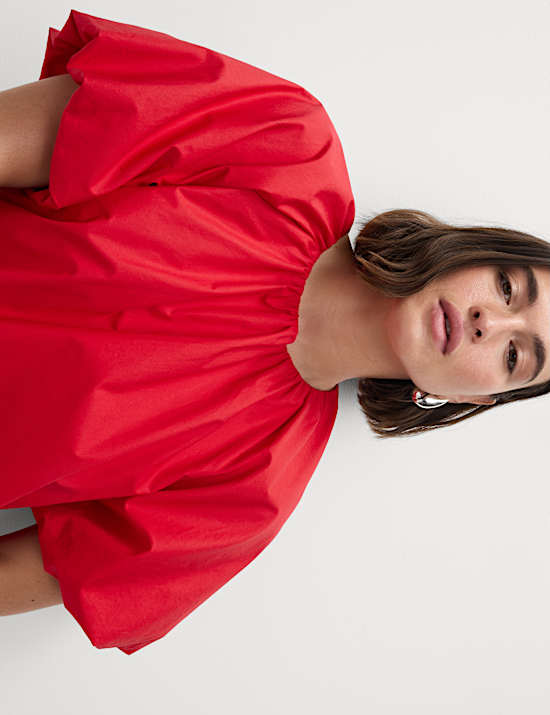 Pure Cotton Bubble Hem Puff Sleeve Top