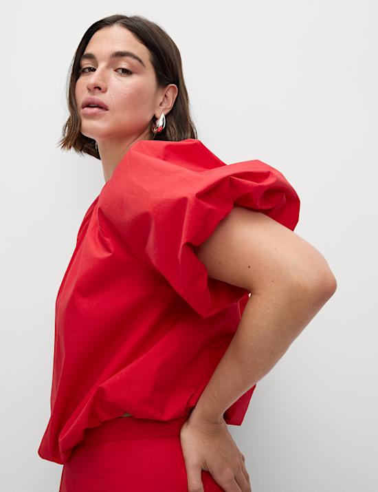 Pure Cotton Bubble Hem Puff Sleeve Top