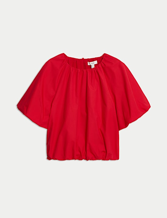 Pure Cotton Bubble Hem Puff Sleeve Top