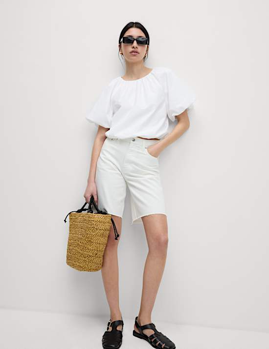 Pure Cotton Bubble Hem Puff Sleeve Top