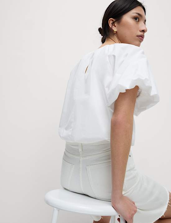 Pure Cotton Bubble Hem Puff Sleeve Top