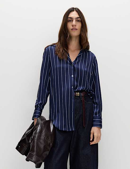 Satin Striped Collared V-Neck Shirt