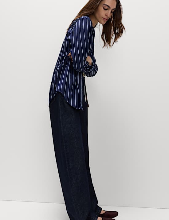 Satin Striped Collared V-Neck Shirt