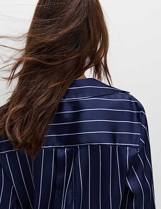 Satin Striped Collared V-Neck Shirt