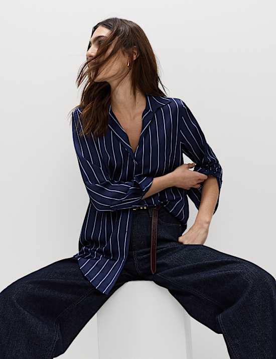 Satin Striped Collared V-Neck Shirt