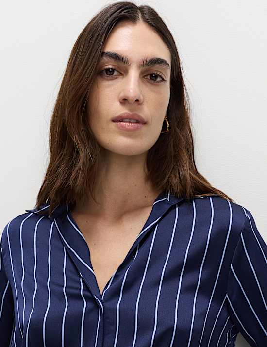 Satin Striped Collared V-Neck Shirt