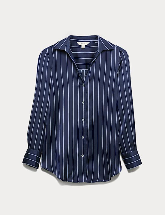 Satin Striped Collared V-Neck Shirt