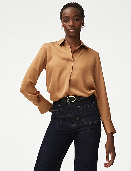 Satin Collared Popover Blouse