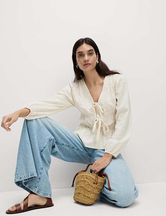 Cotton Rich Tie Front Blouse