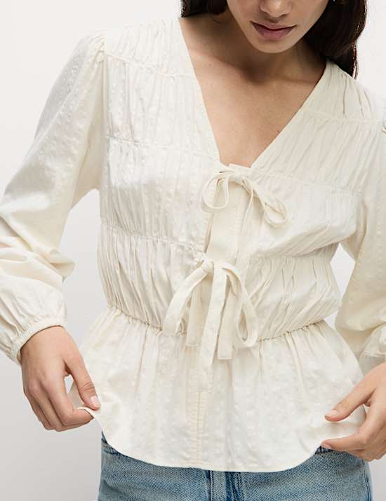 Cotton Rich Tie Front Blouse