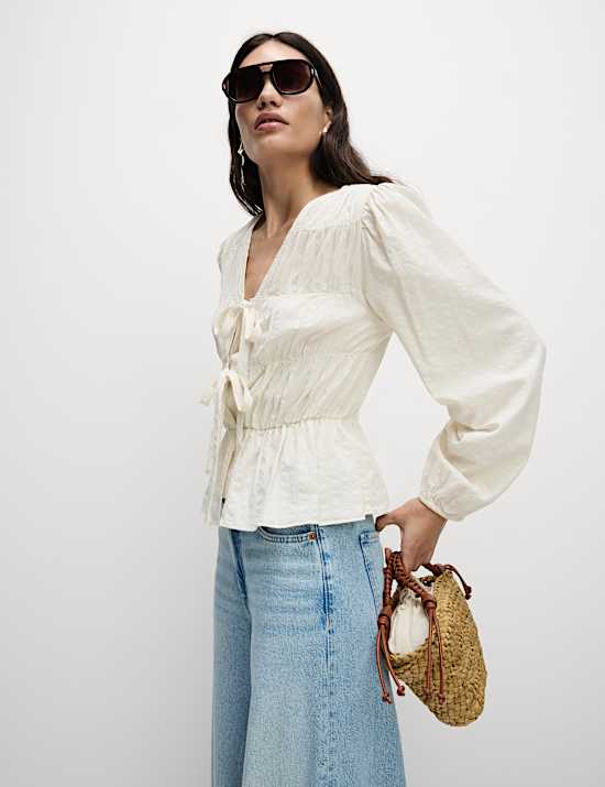 Cotton Rich Tie Front Blouse