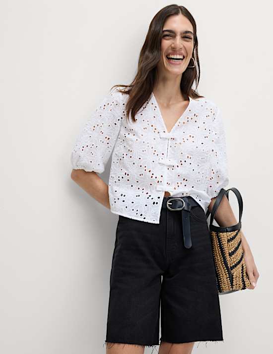 Pure Cotton Floral Cutwork Detail Bow Blouse