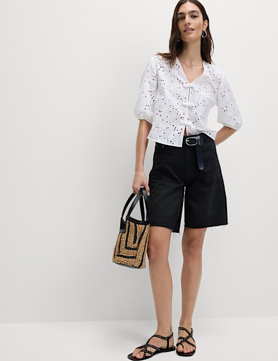 Pure Cotton Floral Cutwork Detail Bow Blouse