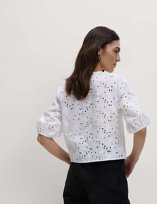 Pure Cotton Floral Cutwork Detail Bow Blouse
