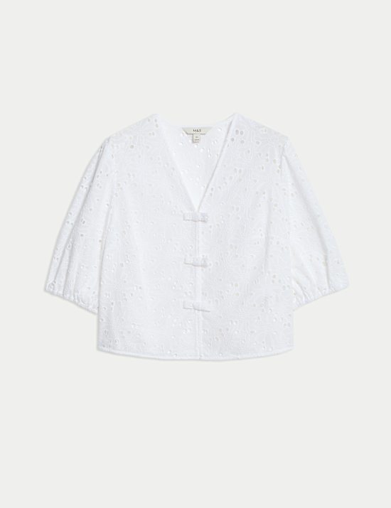 Pure Cotton Floral Cutwork Detail Bow Blouse