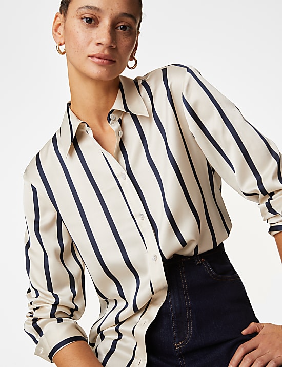 Satin Striped Collared Button Through Shirt