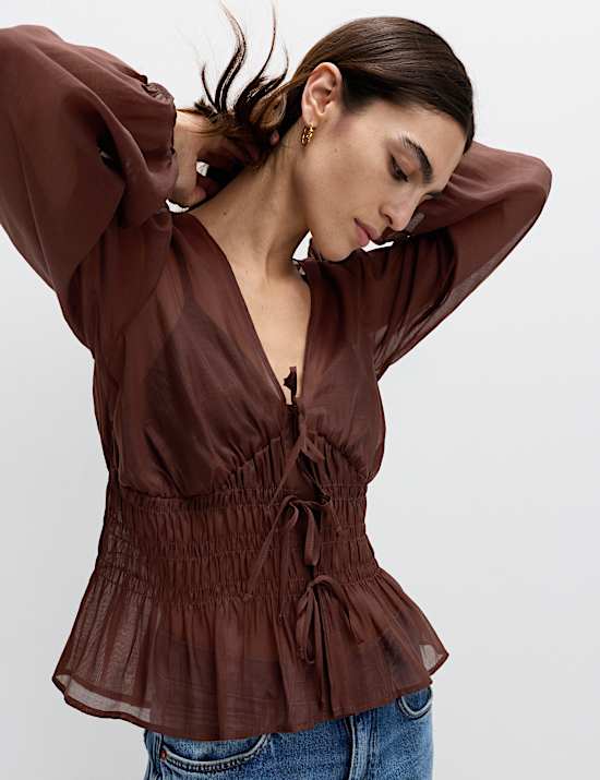 Lyocell Rich V-Neck Shirred Blouse