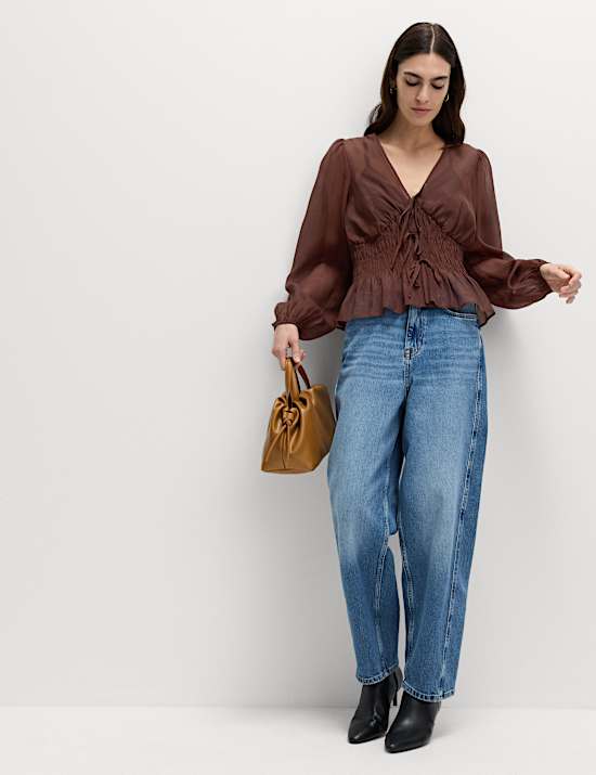 Lyocell Rich V-Neck Shirred Blouse