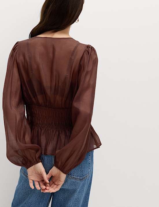 Lyocell Rich V-Neck Shirred Blouse