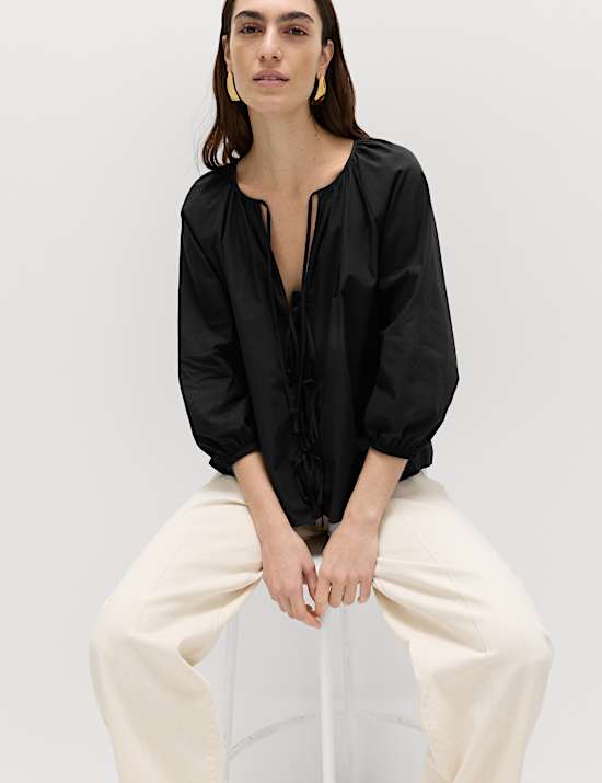 Pure Cotton Puff Sleeve Tie Front Blouse