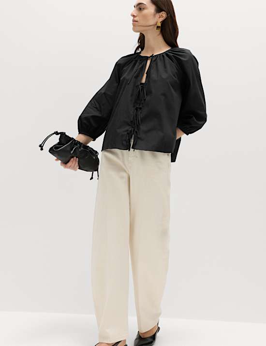 Pure Cotton Puff Sleeve Tie Front Blouse
