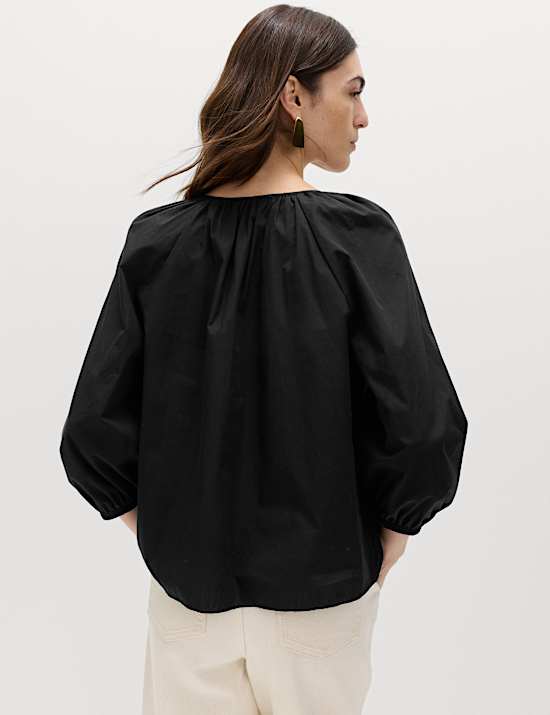 Pure Cotton Puff Sleeve Tie Front Blouse