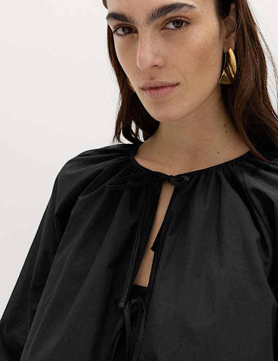 Pure Cotton Puff Sleeve Tie Front Blouse