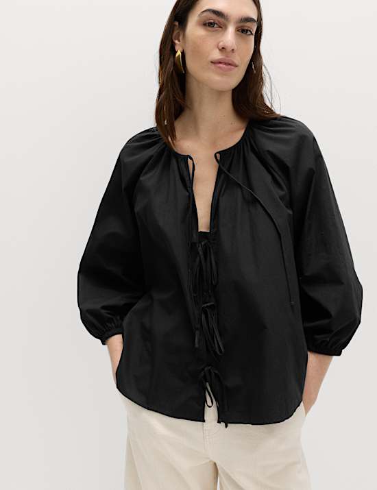Pure Cotton Puff Sleeve Tie Front Blouse