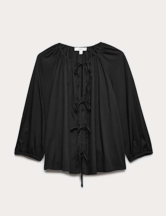 Pure Cotton Puff Sleeve Tie Front Blouse