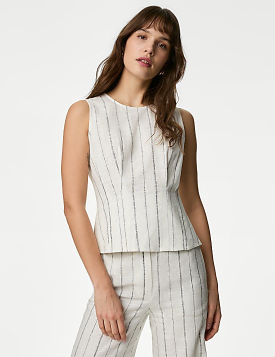 Blouse en lin m&eacute;lang&eacute; &agrave; encolure ronde et rayures