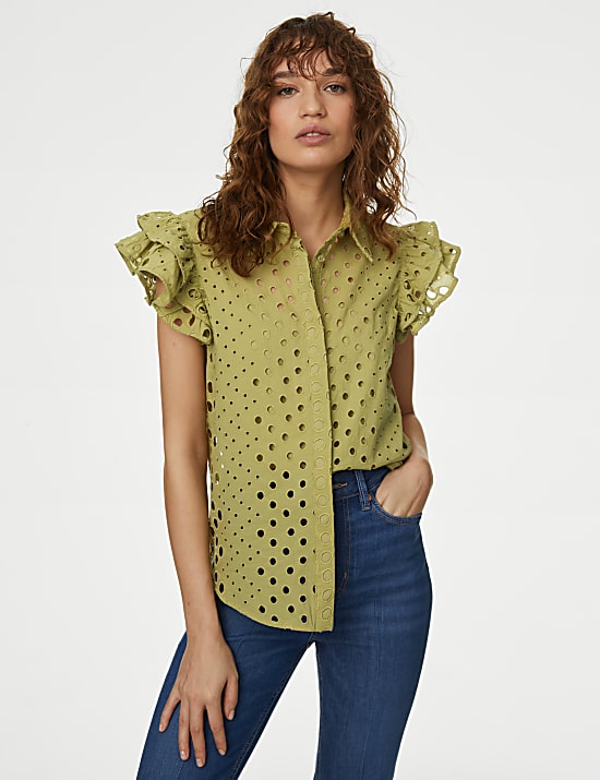 Pure Cotton Broderie Frill Detail Shirt