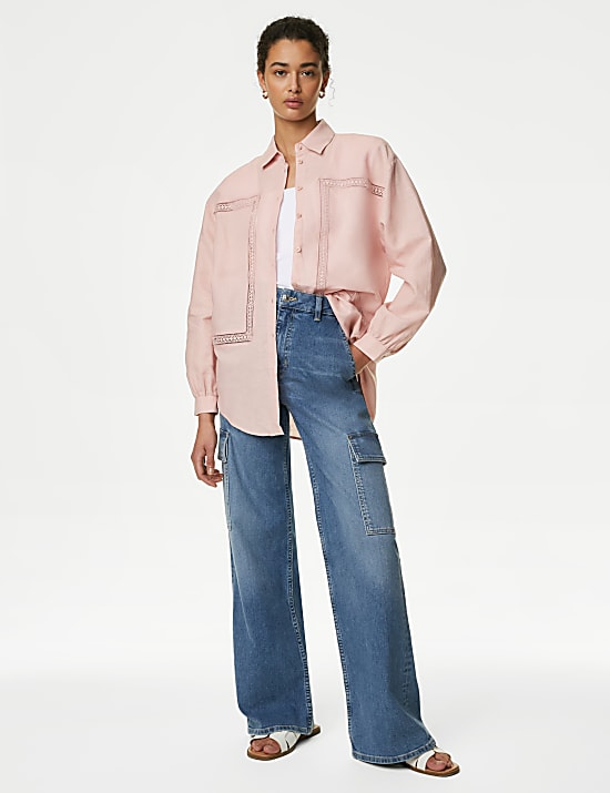 Linen Rich Collared Lace Insert Shirt