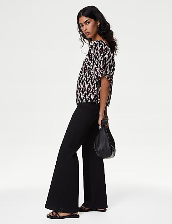 Pure Cotton Geometric Puff Sleeve Blouse