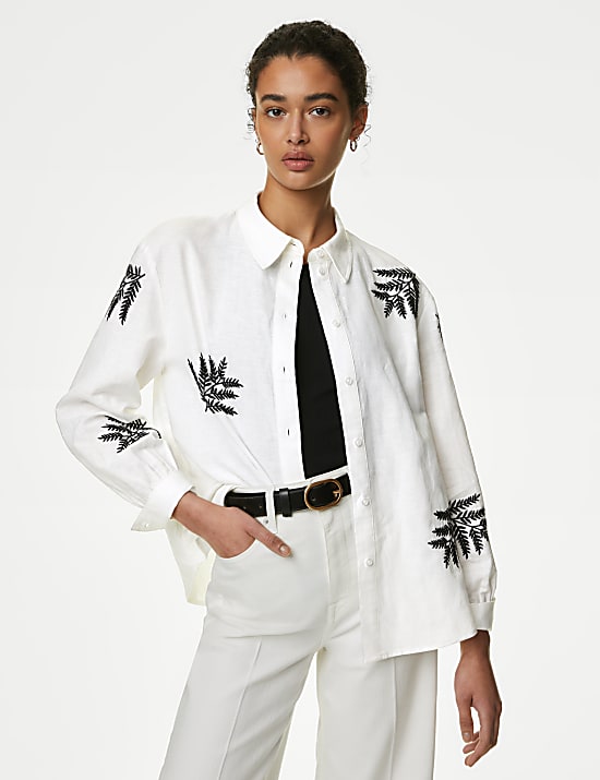 Linen Rich Embroidered Collared Shirt