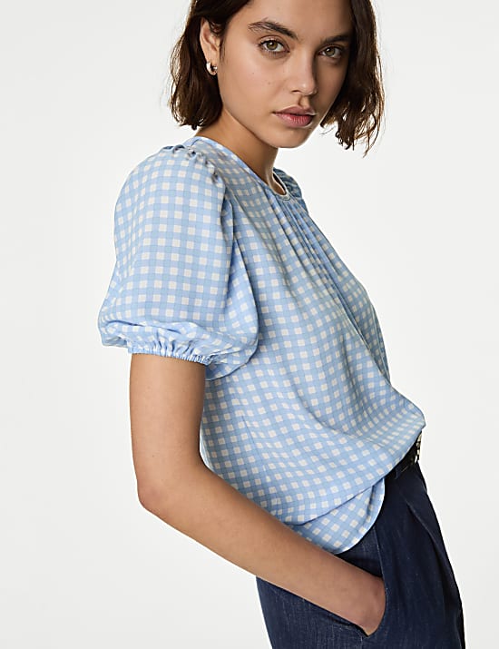 Printed Round Neck Puff Sleeve Blouse