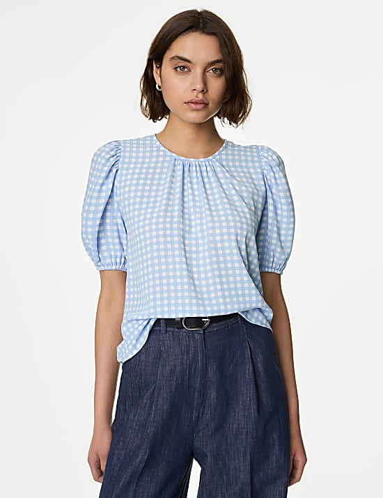 Printed Round Neck Puff Sleeve Blouse