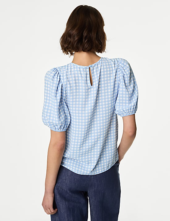 Printed Round Neck Puff Sleeve Blouse