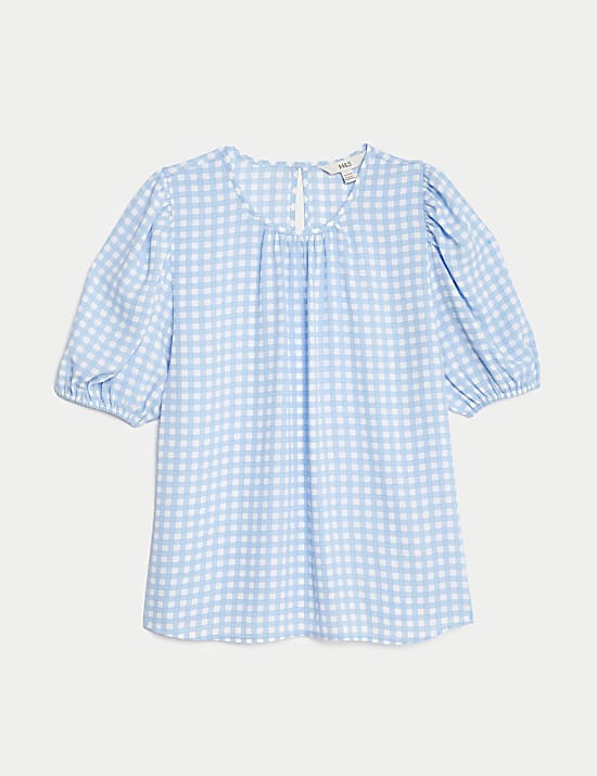 Printed Round Neck Puff Sleeve Blouse