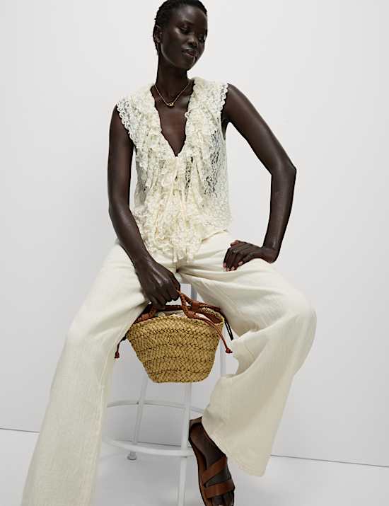 Lace V-Neck Tie Detail Ruffle Top