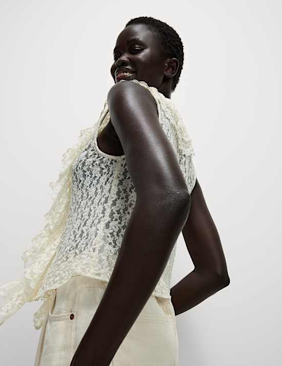 Lace V-Neck Tie Detail Ruffle Top