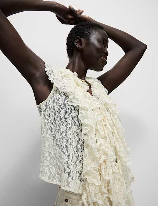 Lace V-Neck Tie Detail Ruffle Top