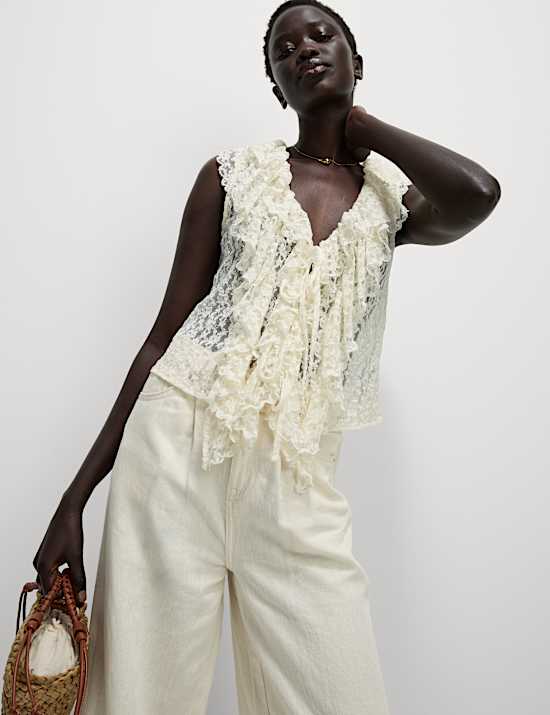 Lace V-Neck Tie Detail Ruffle Top