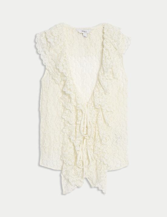 Lace V-Neck Tie Detail Ruffle Top