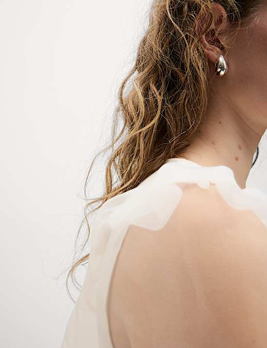 Organza V-Neck Puff Sleeve Top