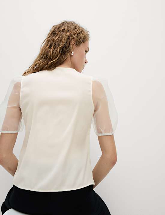 Organza V-Neck Puff Sleeve Top