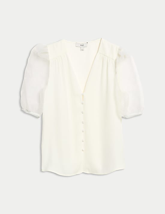Organza V-Neck Puff Sleeve Top